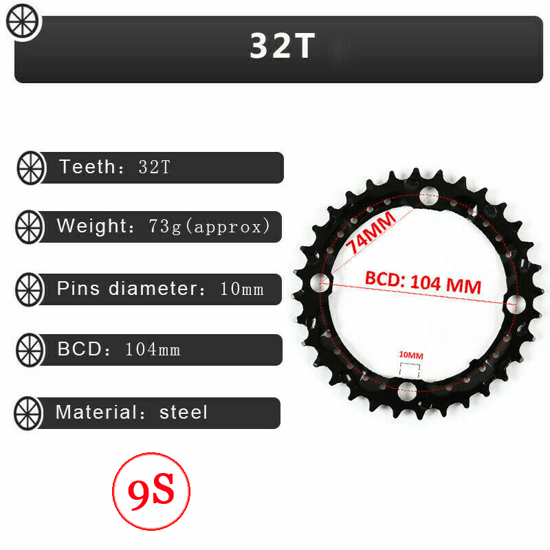Plato de bicicleta 104BCD 64BCD 22/24/26/32/38/42/44T, plato de bicicleta de 9/10 velocidades para platos y bielas de doble/triple velocidad: 9S 104BCD-32T