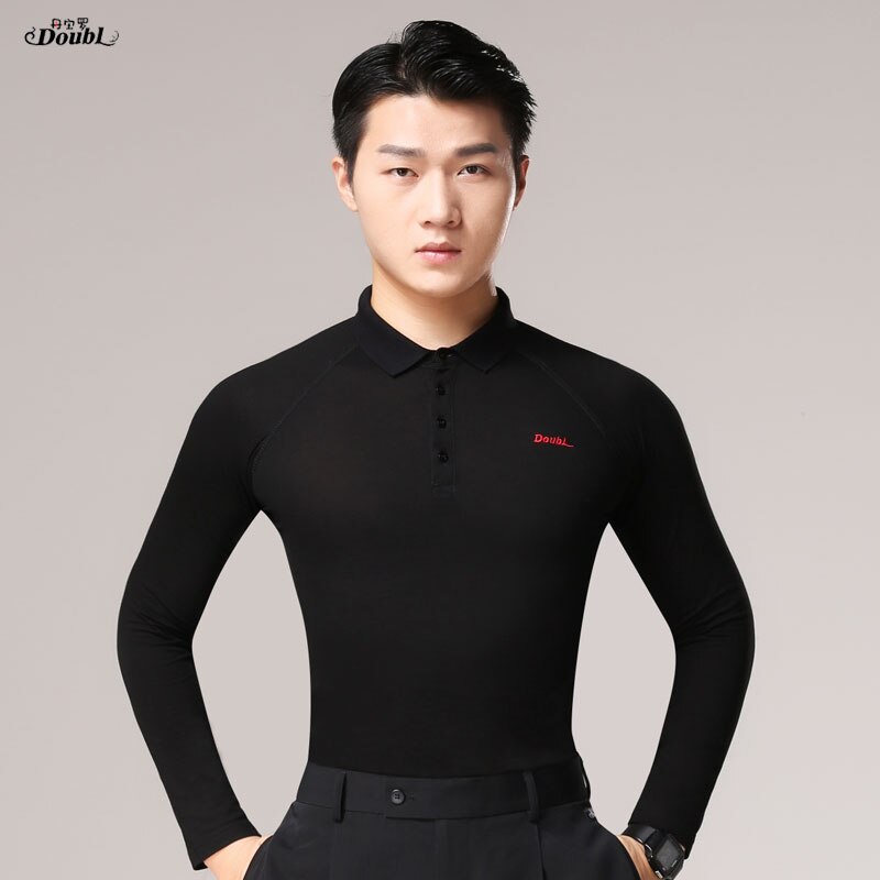 Doubl-camiseta negra de Tops de baile Latino para hombre, camiseta de Salsa de Vals, Trajes de baile latino de manga larga estándar nacional: XXL