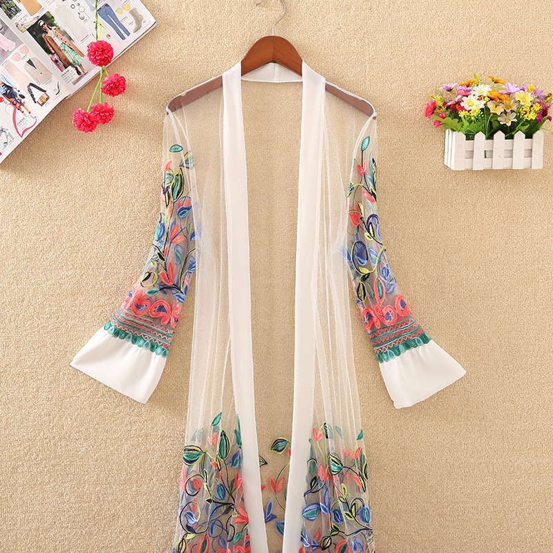 Kvinder blomstret broderet lang jakke sommernet cardigan afslappet lange ærmer tynde frakker damer vintage strandhvide overtøj