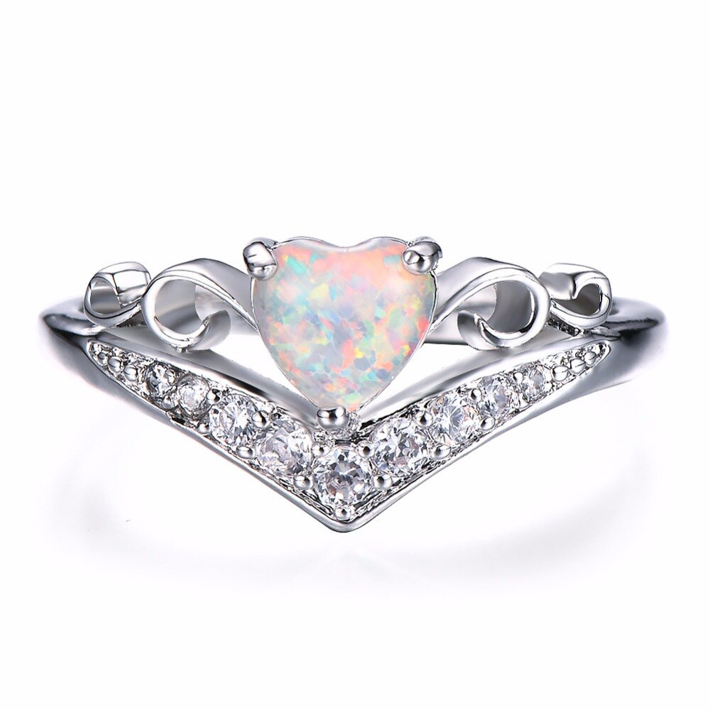 Luxury Women Sterling Silver 925 Crystal Wedding Rings White/Blue Fire Opal Heart Rings anillos