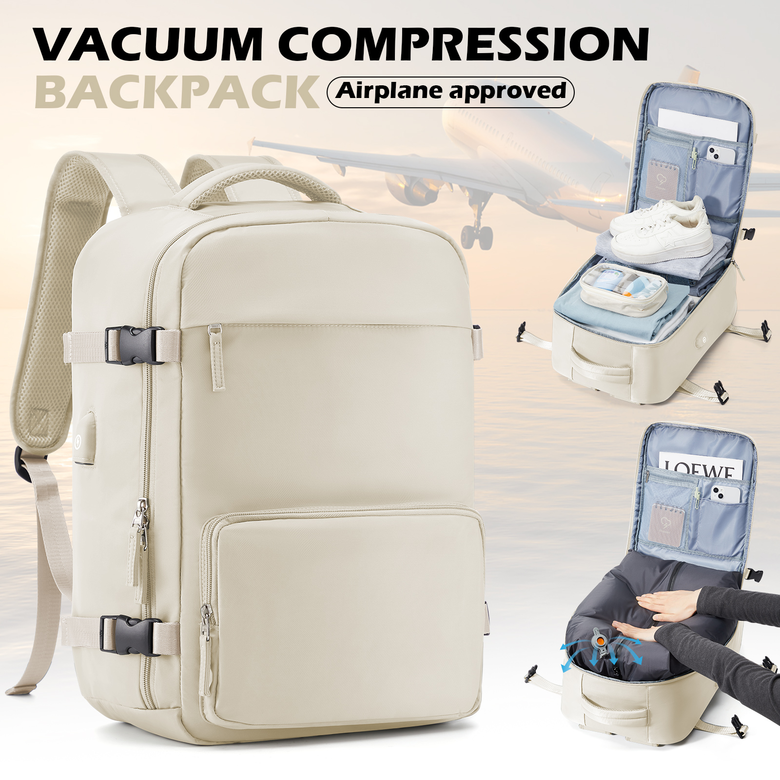 Cabin Airplane Vacuum Travel Backpack, Backpack Hand Luggage 30L Women's Men's 15.6-inch Laptop Bag Vacuum Compression Backpack: Ivory