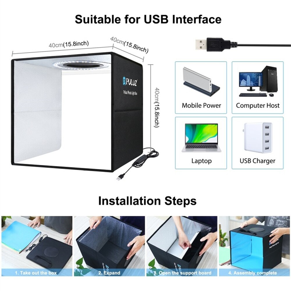 40*40cm Folding Studio Photo Ring LED Light Box12 Color Backgrounds Tabletop Lightbox Photography Soft Shooting Tent Box