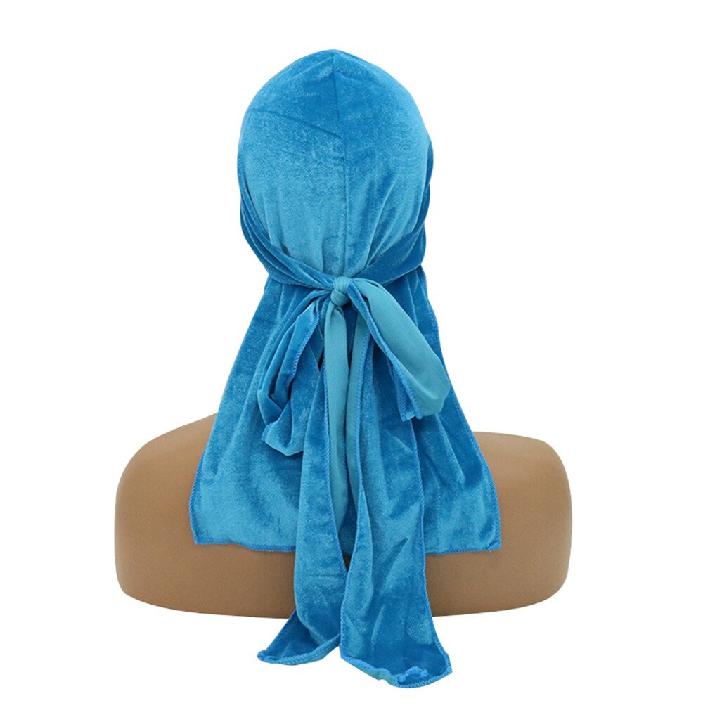 Durag en velours pour hommes et femmes, chapeaux Bandana, solide, enveloppe de tête, extensible, longue queue, chapeaux de Pirate Jordan, Turban Du chiffon: blue