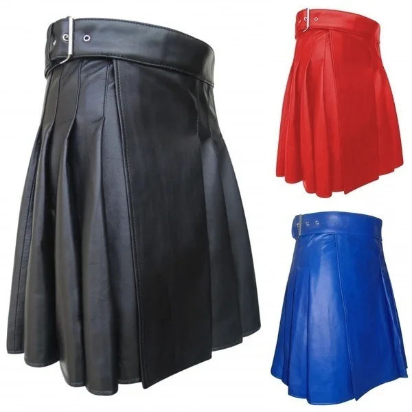 Mens Faux Leather Pleated Skirt Cross-Dresser Costume Adjustable Buckle High Waist Gothic Short Skirts for Club Rave Party