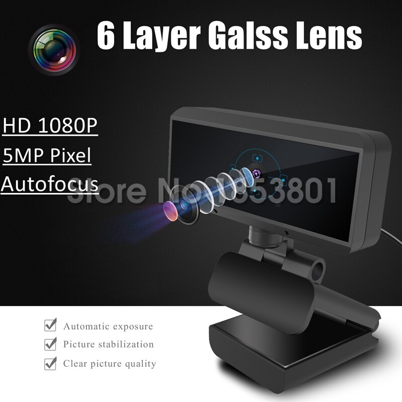 5MP Full Hd 1080P Webcam Usb Webcam Ingebouwde Microfoon Autofocus Webcams 6 Layer Galss lens Cam Voor Pc Computer