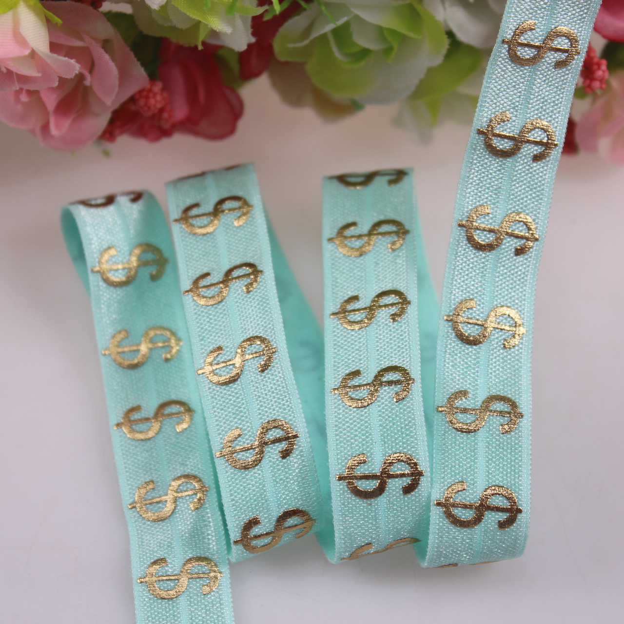 3 farben Gold folie Dollar Gedruckt Feind elastische 5/8 &quot;falten über elastische 50 Meter Profi los: 314 Aqua
