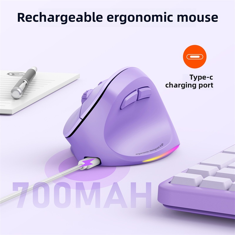 Mouse Verticale Ergonomico Wireless 2.4G Ricaricabile – 6 Tasti, 800/1200/1600 DPI, Rosa, Per PC E Notebook