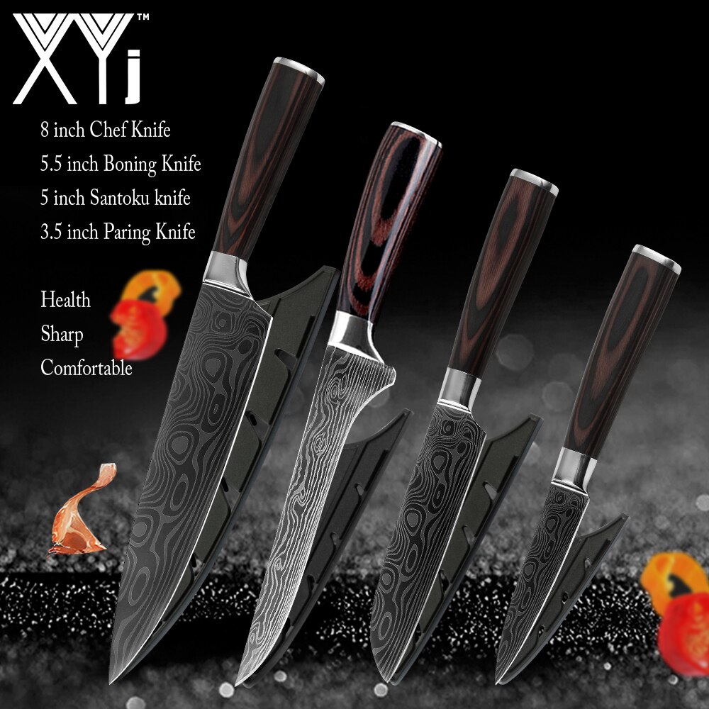 Japanse Keuken Mes Set Mes Covers Uitbenen Brood Eviscerate Gesneden Fruit Scherpe Nut Santoku Damascus Patroon Koken: 4 Pcs  Value set 01