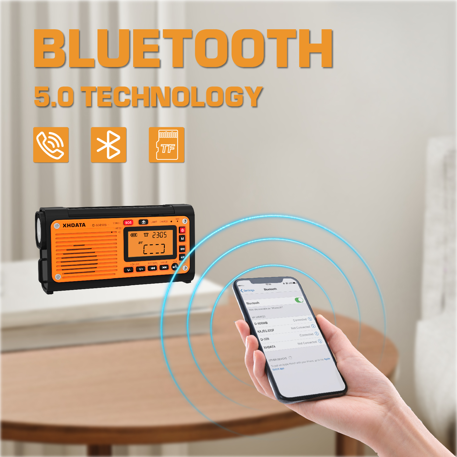 XHDATA D-608WB Awaryjne radio pogodowe FM/AM/SW/NOAA Przenośne radio z ładowarką do telefonu, Bluetooth, zasilanie bateryjne