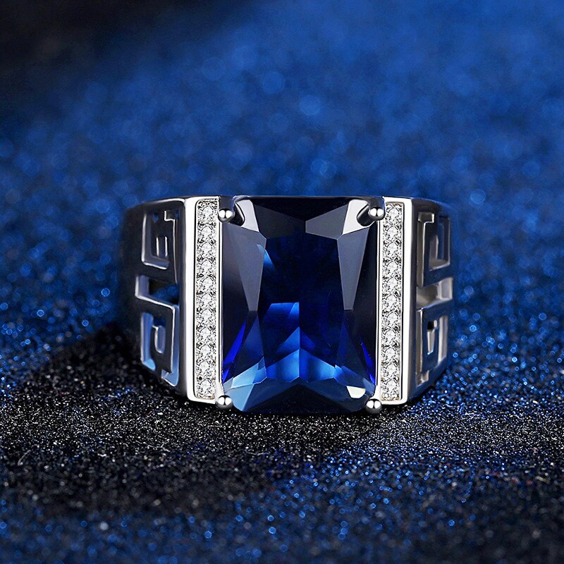 HuiSept Retro Men Ring 925 Silver Jewelry Geometric Shape Sapphire Zircon Gemstone Accessories Rings for Wedding Engagement