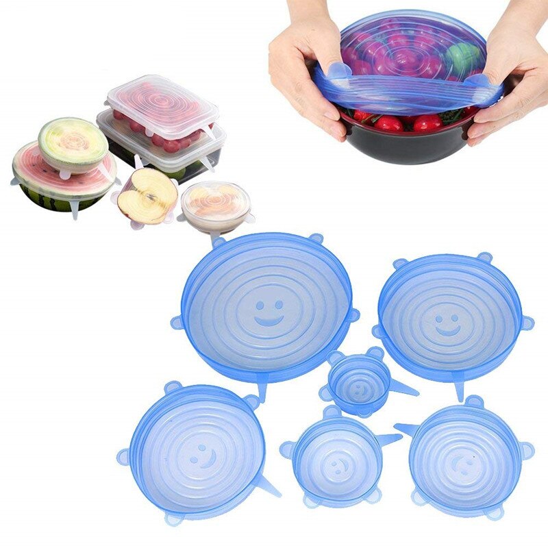 Juego de 6 tapas universales de silicona para comida, tapas de silicona para utensilios de cocina, recipiente para envolver, tapas elásticas reutilizables, accesorios de cocina y Bar
