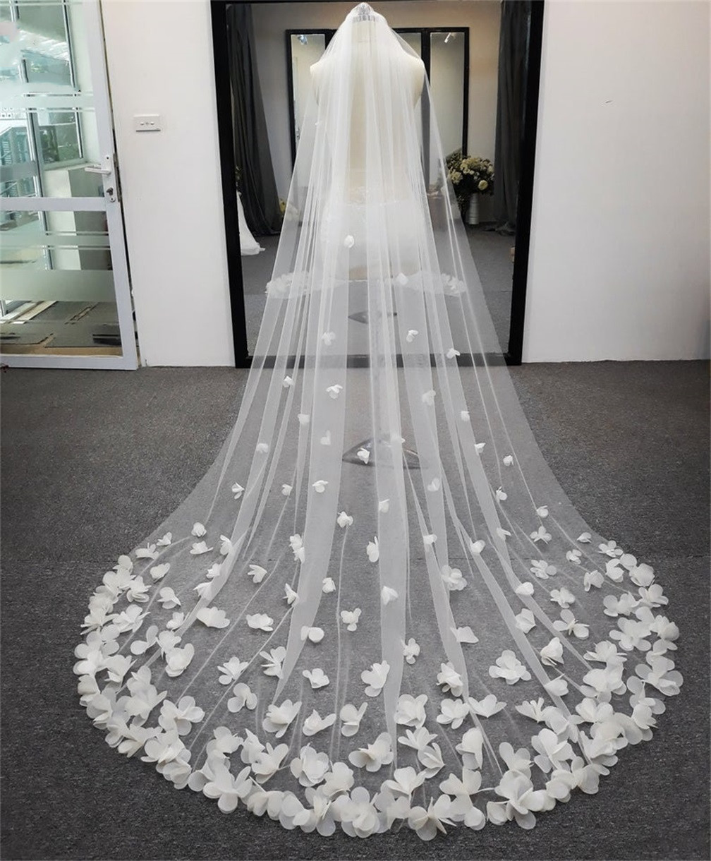 Wit Ivoor Bridal Veil Lange Kathedraal Bruiloft Sluiers 3D Bloemen Bloemen Kant Bloemblaadjes Sluier Bruid Velos De Novia Bruiloft Accessoires
