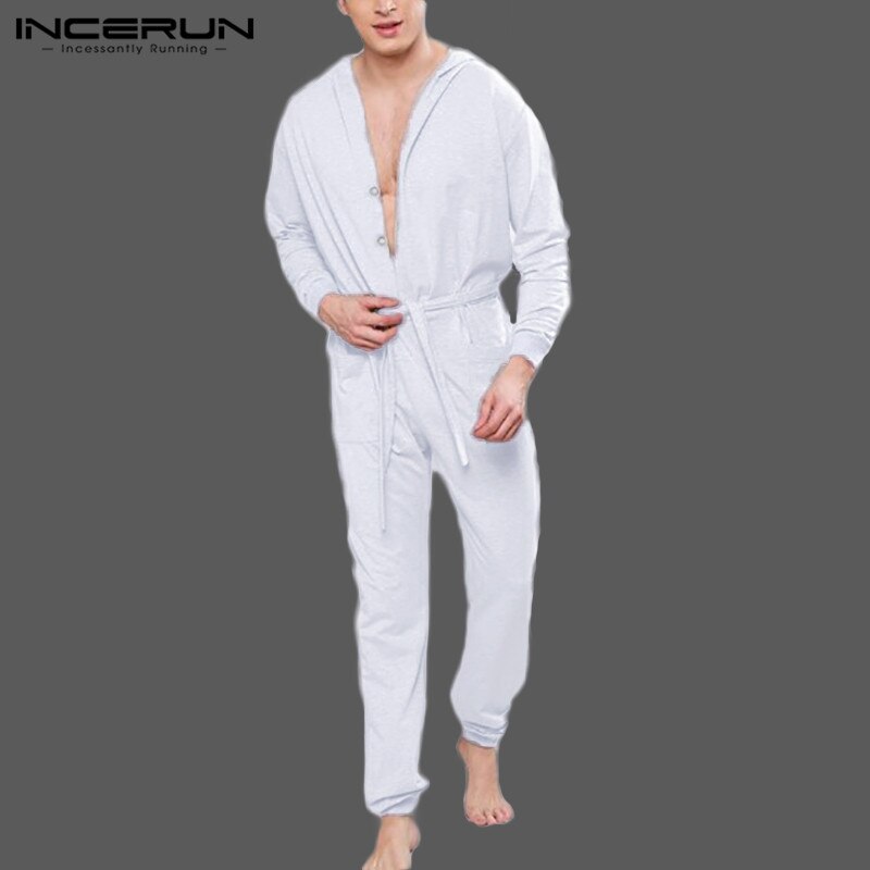 Loose Pockets Homewear INCERUN Leisure Solid Jumpsuits Sleepwear Men Long Sleeve Buttons Hooded Drawstring Rompers Nightgown 5XL