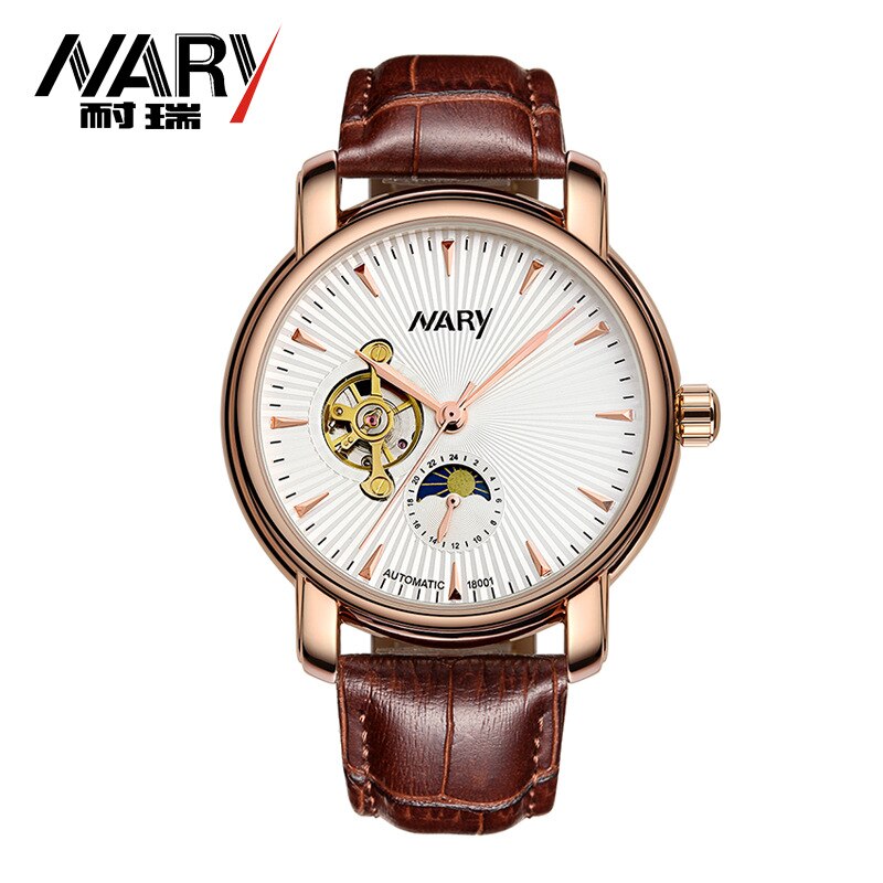Nary/Nary Men'S Fully Automatic Analog Ch Leather Belt Hollow Out Moon And Stars Rproof 18001
