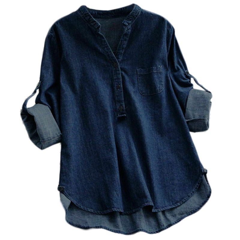 Dames casual denim blauw asymmetrisch lang overhemd tops knopen blouse plus maat 67jc