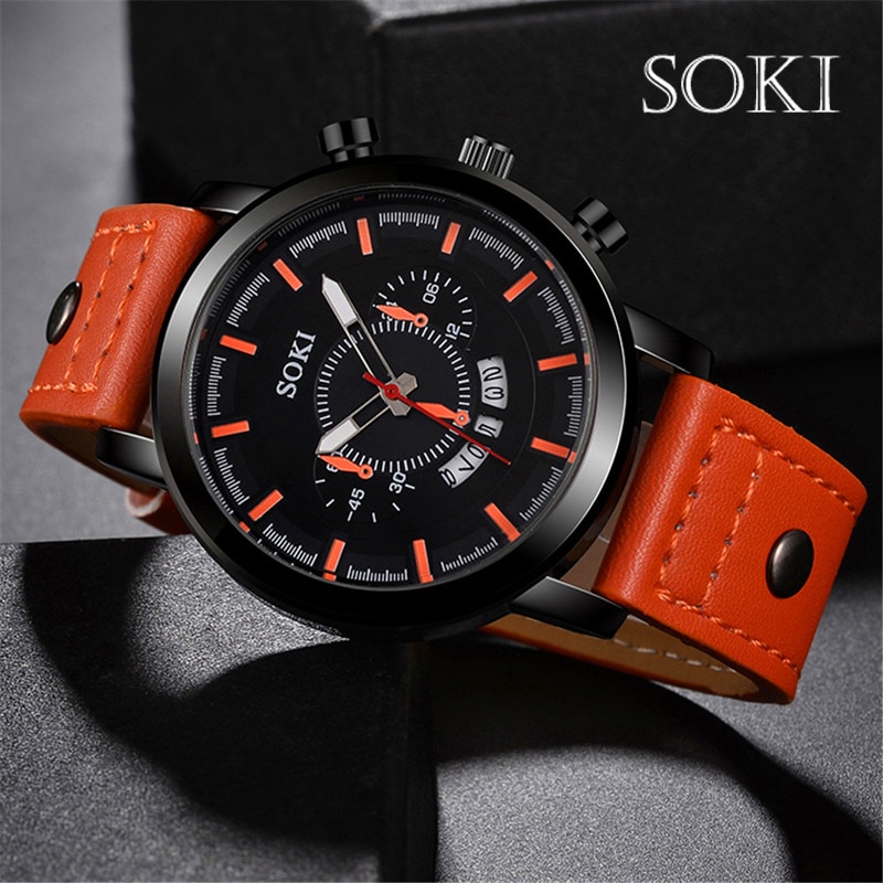 Soki Luxe Sport Horloges Lederen Band Quartz Men Casual Datum Bedrijf Mannelijke Horloges Klok Montre Homme