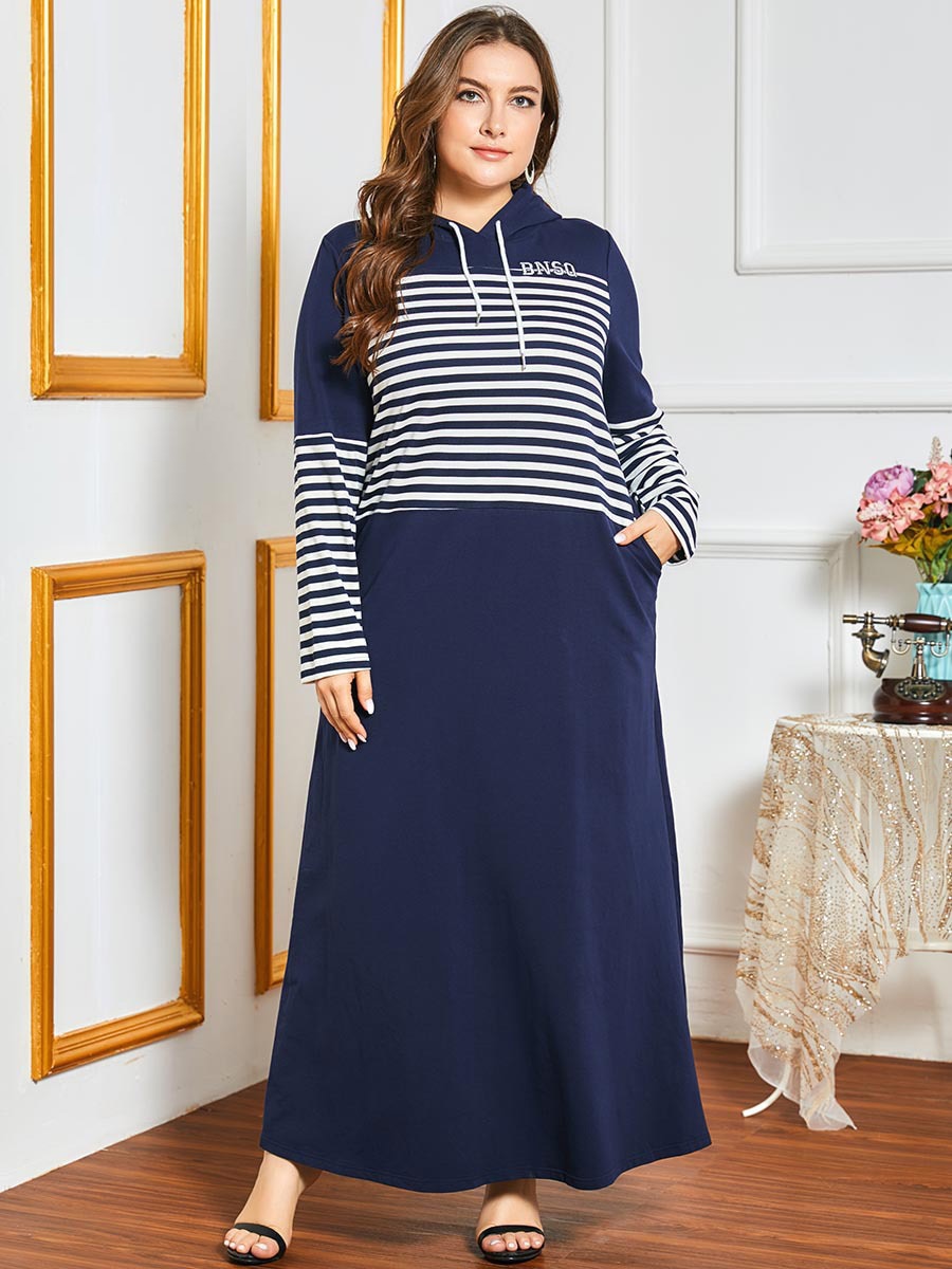 Robe longue à capuche pour femme, manches longues, rayures, imprimé contrasté, poches, ample, grande taille, style arabe, collection automne hiver: 4XL