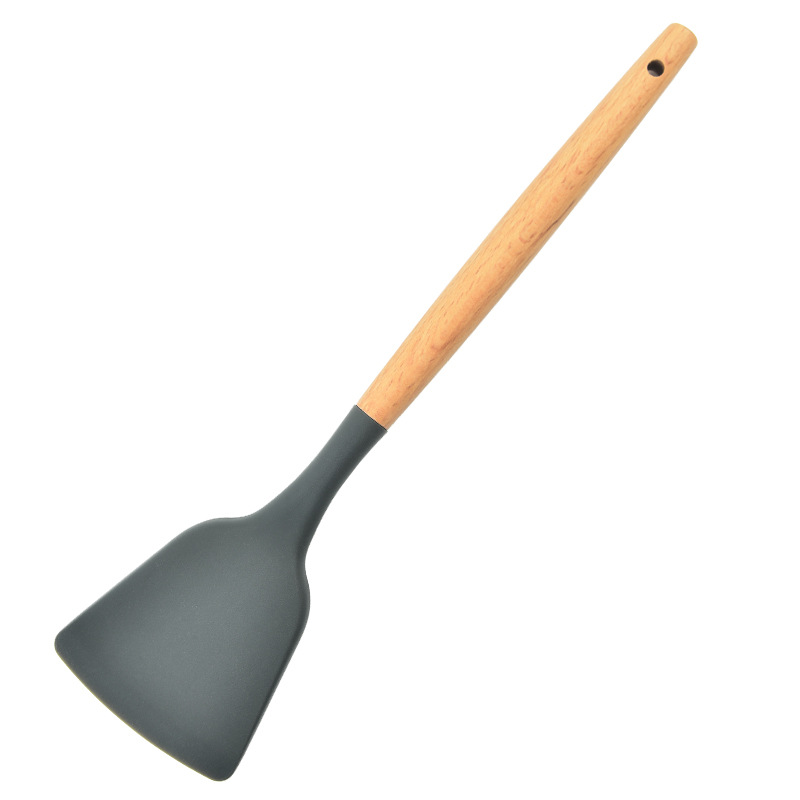 Silicone Kitchen Cooking Spatula Spade Turner Soup Spoon With Wooden Handle Baking Tools: Light Grey