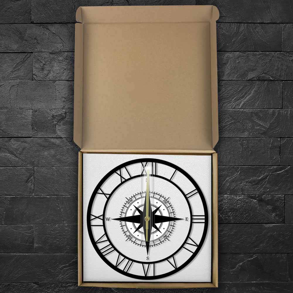 Zwarte Wind Rose Kompas Exclusieve Stille Wandklok Richting Kaart Nautische Huisinrichting Reiziger Interieur Retro Muur Horloge