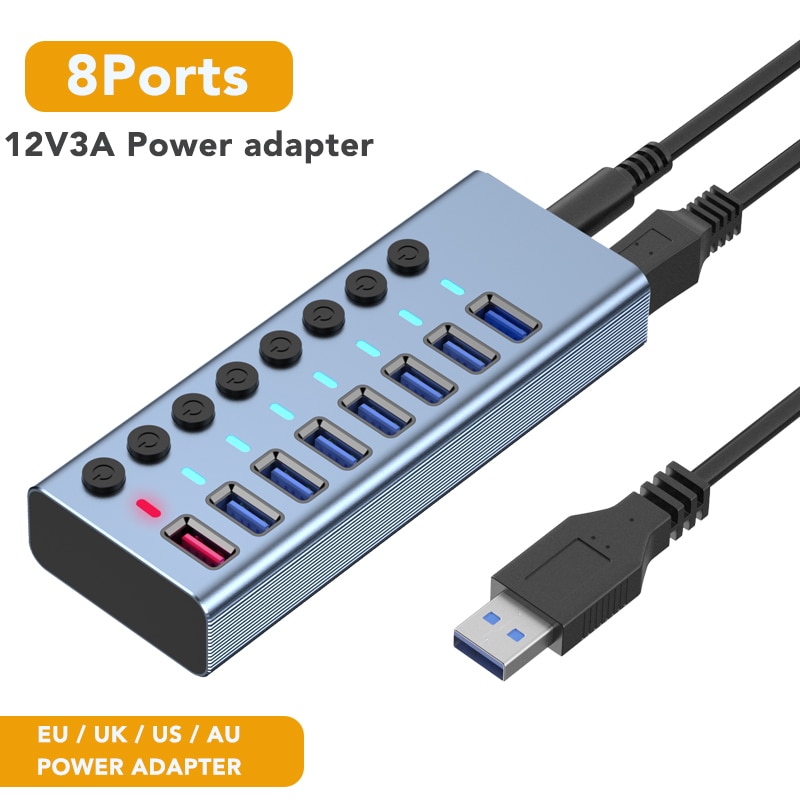 USB3.0 HUB With 12V Power Adapter EU UK US AU Splitter 2.4A Fast Charging And 10Ports USB HUB Simultaneously Read Write At 5Gbps: 8Ports HUB