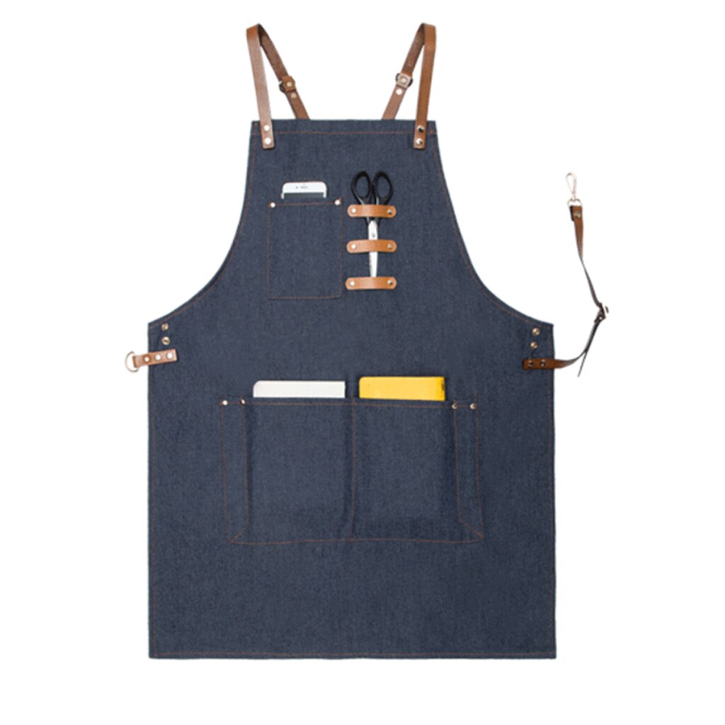 Leather Strap Denim Bib Apron BBQ Baker Bartender Barista Chef Work Uniform