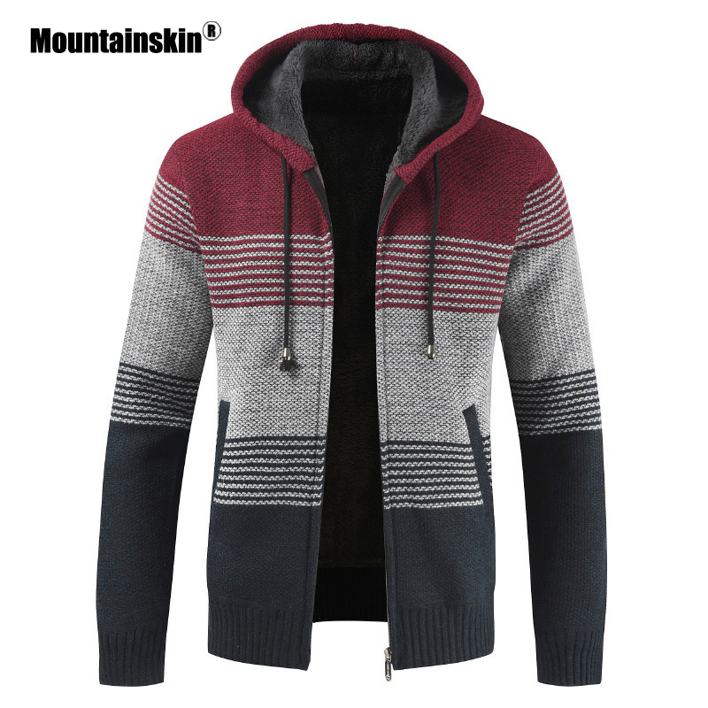 Mountainskin Men's Sweater Coat Spring Autumn Mens Hooded Stripe Coat Thick Zipper Wool Sweater Cardigan Jumpers Male SA868