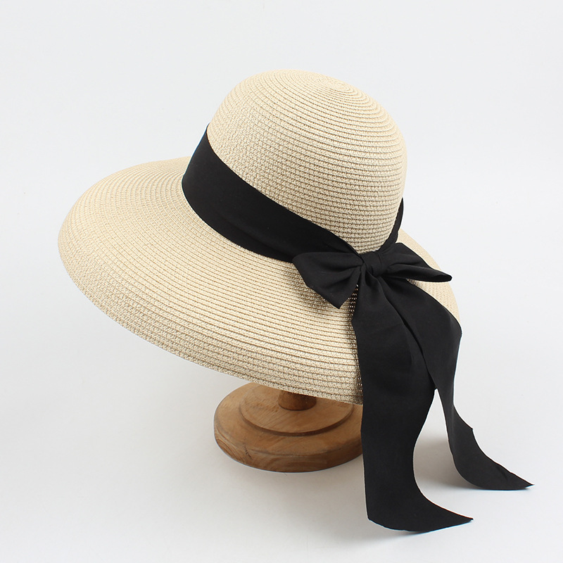 Hepburn-Sombrero de sol con lazo para mujer, sombrero de paja, sombrero de cubo, protector solar de color, sombrero de playa,: Plata