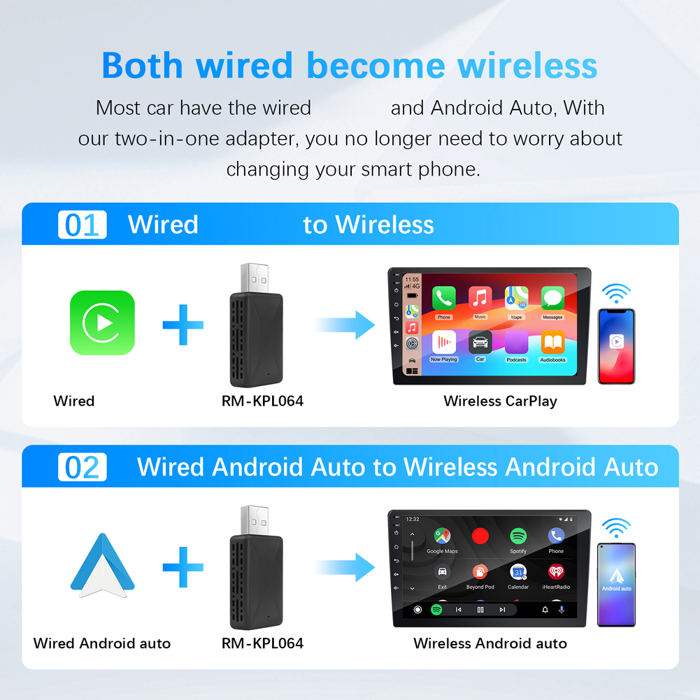 Adaptador inalámbrico 2 en 1 para Carplay, adaptador inalámbrico automático para Android, Plug and Play, WiFi, Bluetooth 5,0, conexión automática, Mini Dongle USB de 5V