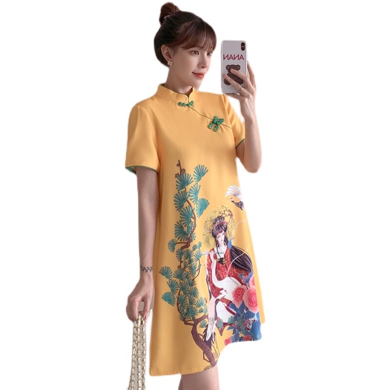 Qipao-vestido chino de talla grande para mujer, M-4XL amarillo suelto de , Cheongsam moderno de manga corta, ropa tradicional de Año