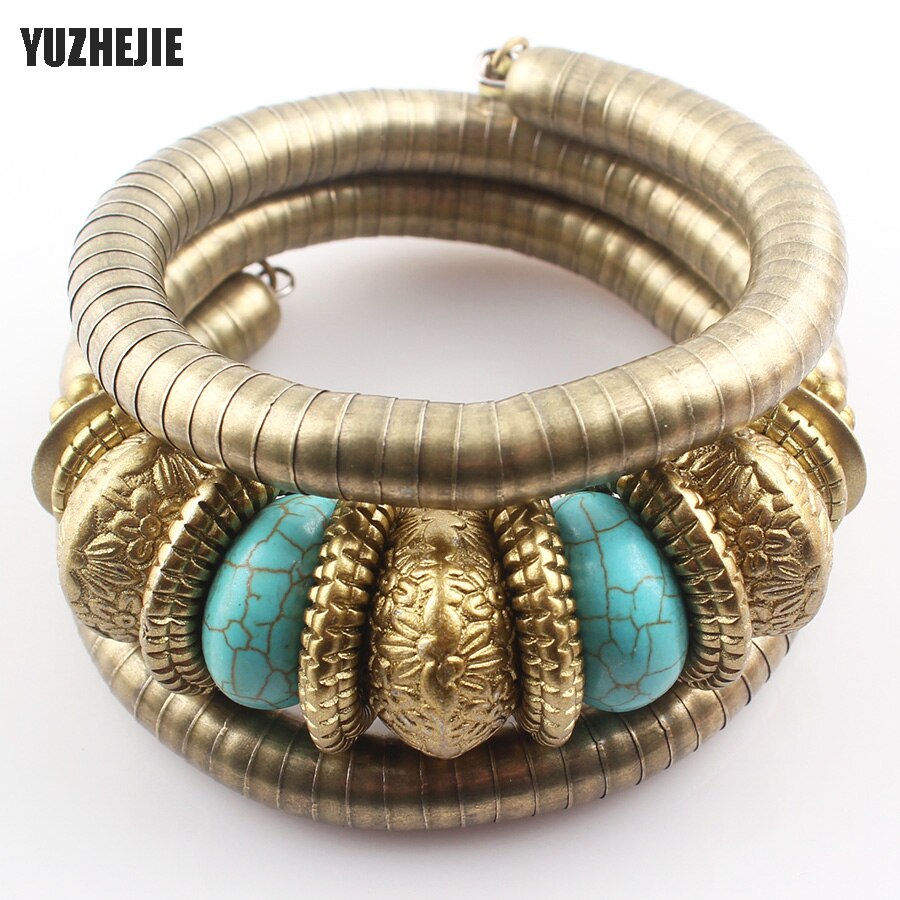 YUZHEJIE retro Kunst-antike-Bronze- Überzogene Armbinde Inlay Perlen Schlange Armbinde flexibel Armreif für frauen