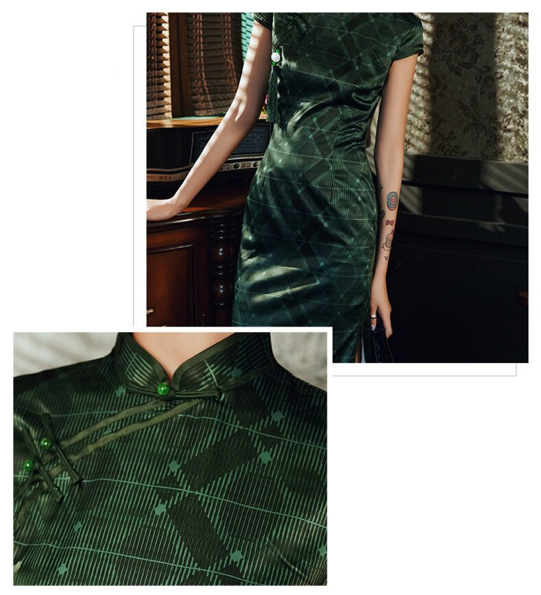 S-4XL Plus Size Chinese Robe Oriental Novelty Pattern Chinees Female Long Cheongsam Evening Dress Green Qi Pao