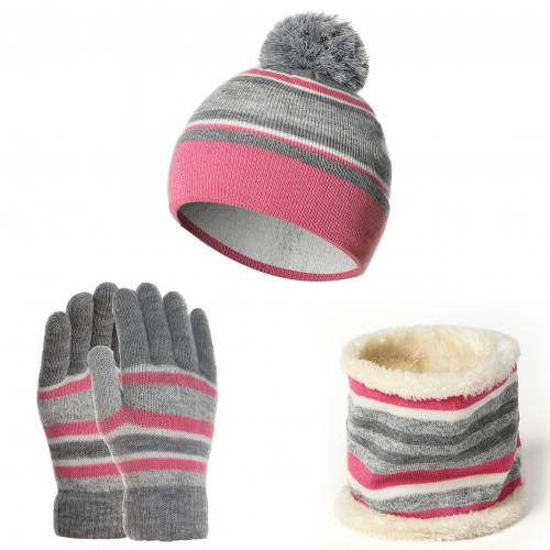 Conjunto de guantes y gorros de invierno para niños, conjunto de 3 piezas de algodón y lana, con pompón de punto, cálido: Rosa