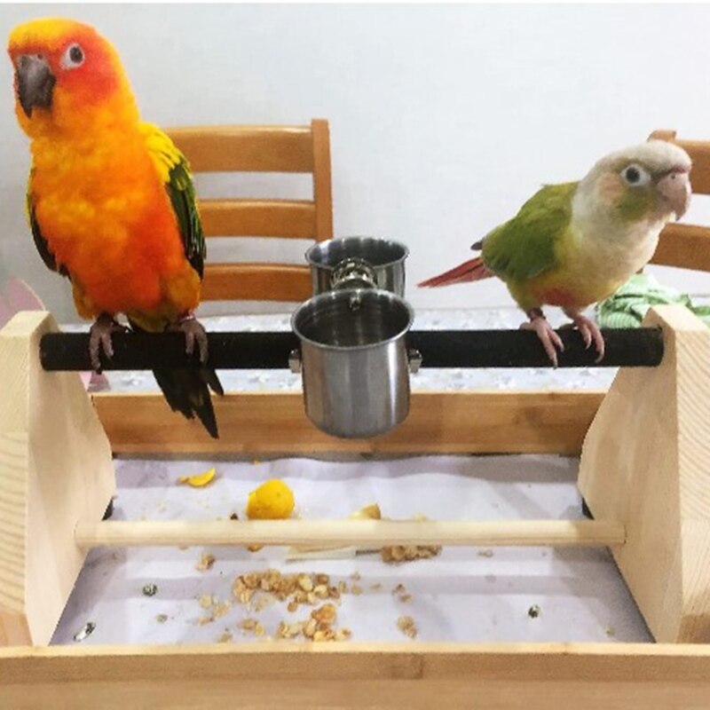 Parrot Play Wood Stand Bird Grinding Perch Table Platform with Feeder Dish Cup D7YB