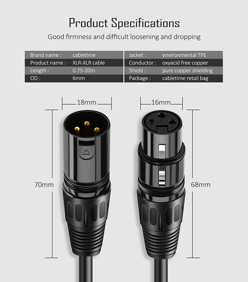 Cabletime xlr-kaapelimikrofoni tykkipistoke xlr-kaapeli kitarakaapelin jatko-mikrofonikaapeli audiomikserivahvistimille  c117