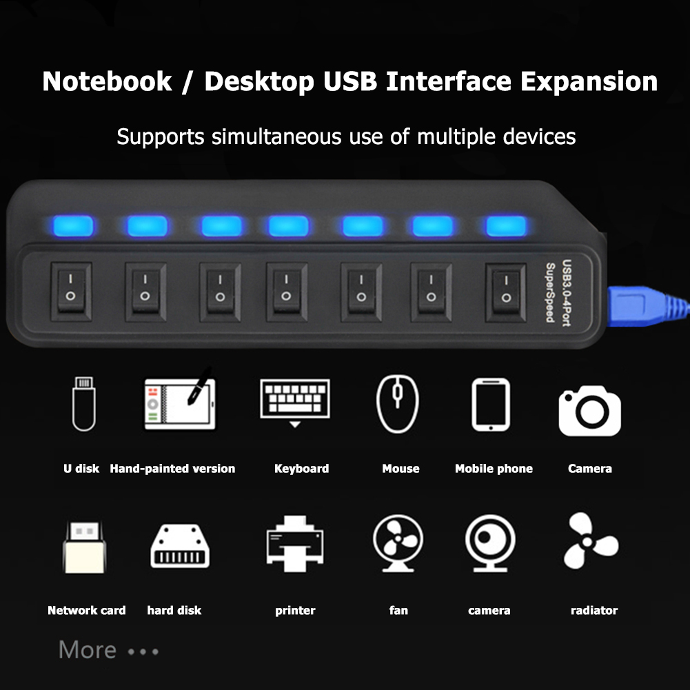 Usb 3.0 Hub 2.0 Hub Multi Usb Splitter 4/7 Poort Expander Meerdere Usb 3 Hab Gebruik Power Adapter USB3.0 Hub met Schakelaar Voor Pc