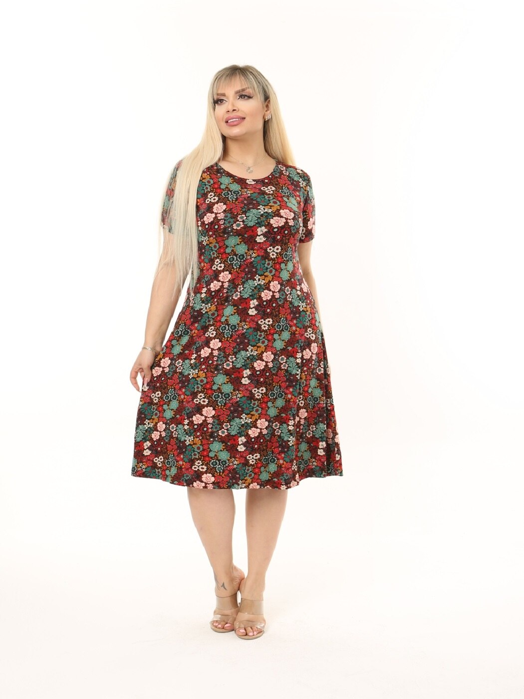 Vestido Midi informal de verano para mujer, ropa de LICRA hasta la rodilla con patrón de flores salvajes, tejido de viscosa, hecho en Turquía, 2022