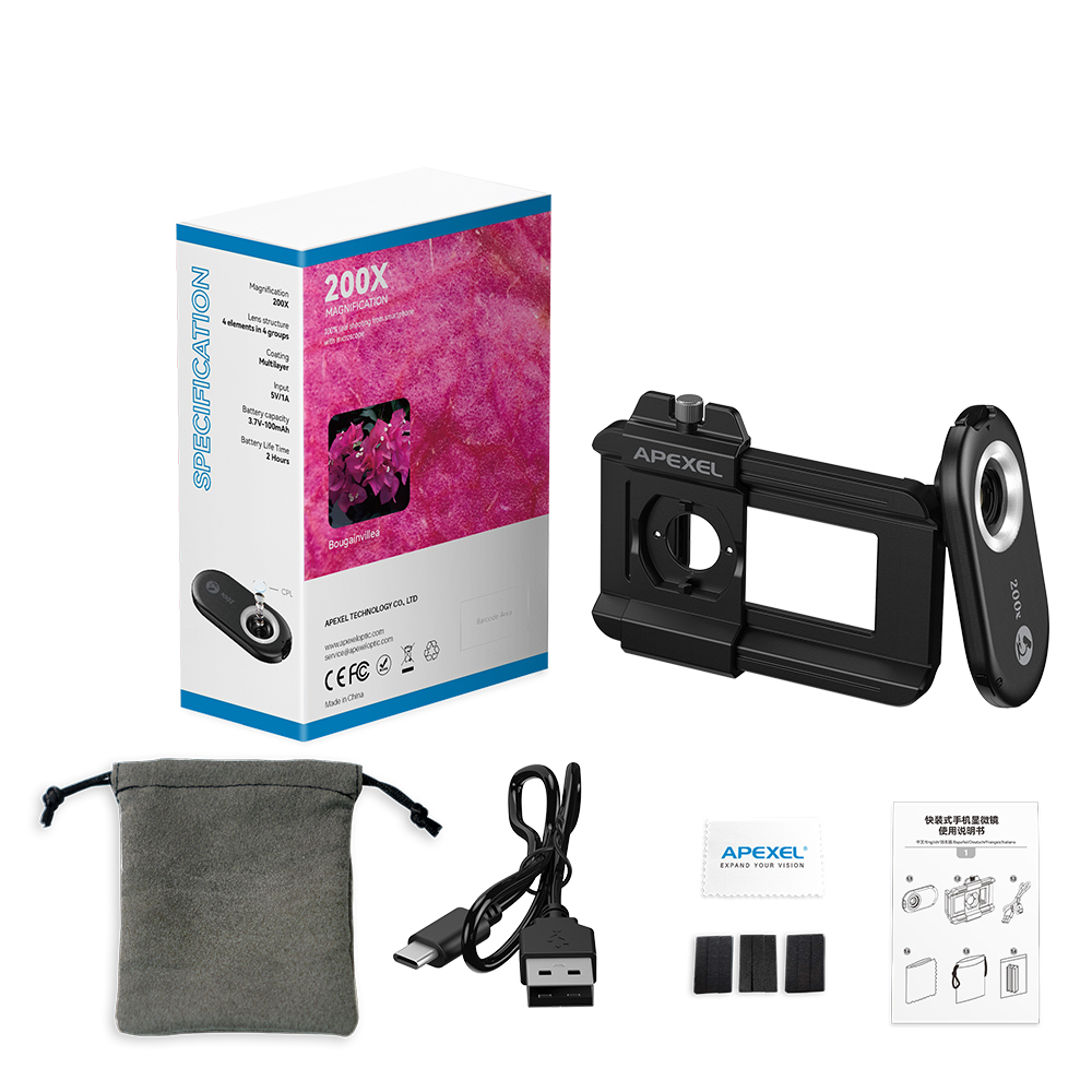 APEXEL nueva lente de microscopio 100X-200X mejorada 3 en 1 Kit de lentes de cámara de teléfono lentes macro con luz LED para todos los teléfonos inteligentes: Blanco