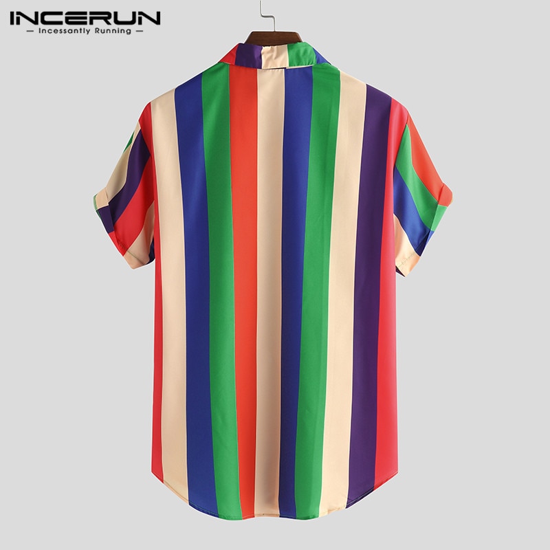 Fargerik stripet herre skjorte korte ermer med jakkeslag streetwear bluse casual løse hawaiian strandskjorter sommer incerun
