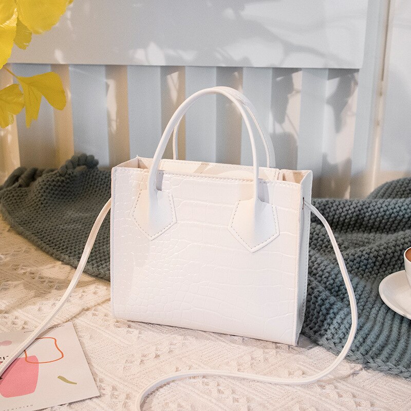 Krokodille crossbody håndvesker pu veske kvinner årgang klassisk fast skulderveske dame liten trend veske: Hvit