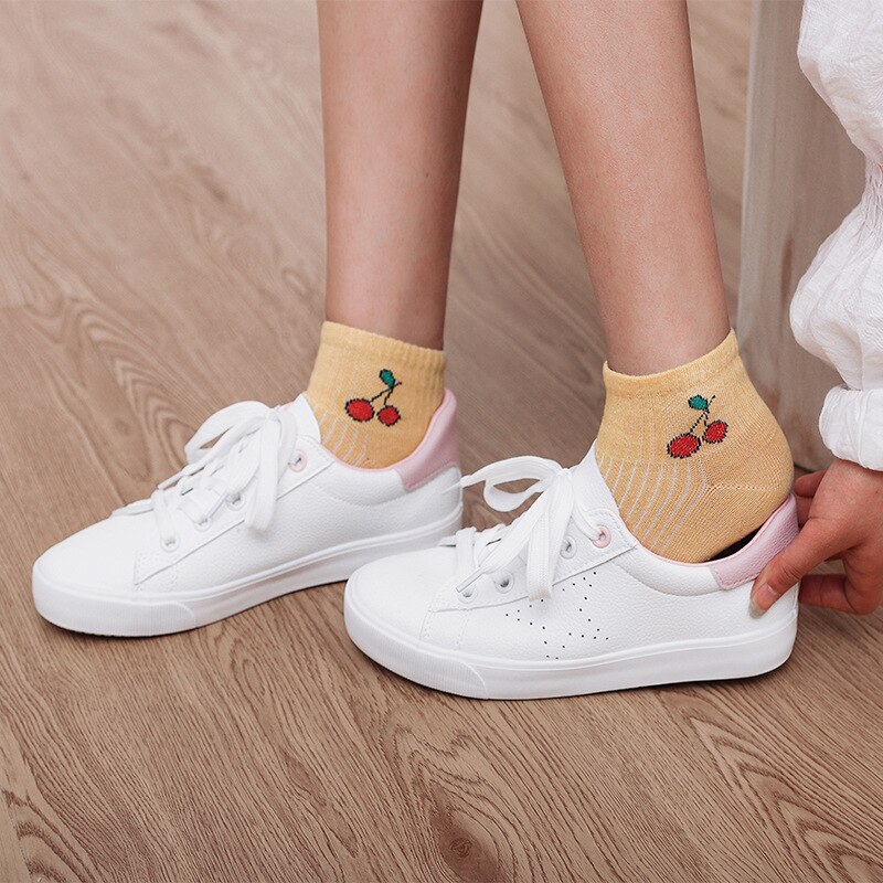 LJIQQ 5 pairs women candy fruit socks spring summer lady ankle socks embroidery female socks