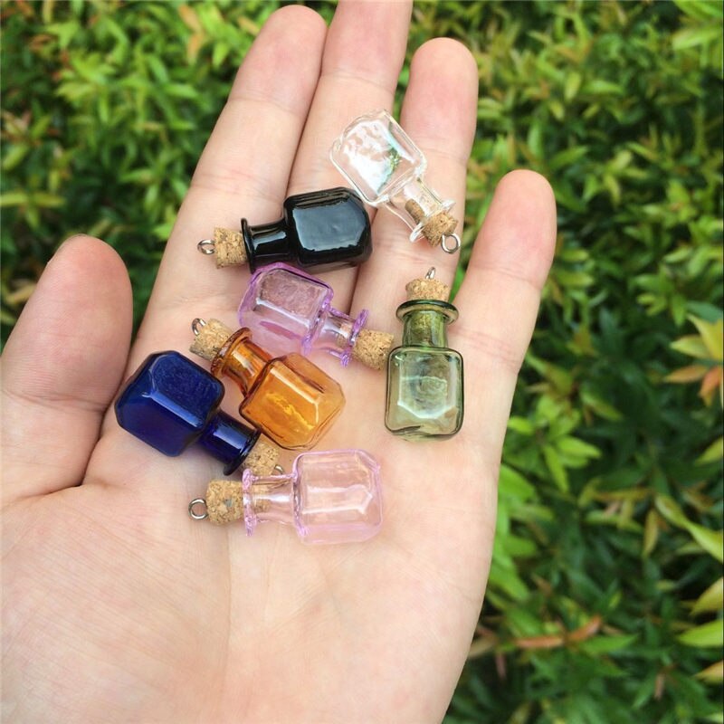 Cute Colour Bottles Metal Loop Mini Wishing Bottles Rectangle Crafts Pendants Diy Glass Jars Mix 7 Colors