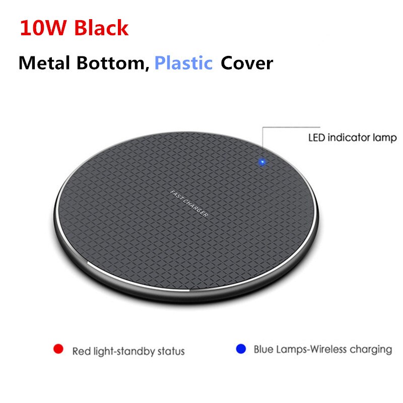 10W/7.5W/5W Metal Qi Wireless Charger for iPhone Xs Max X 8 Plus QC3.0 USB Phone Fast Charging Pad for Samsung Note 9 8 S10 Plus: 10W Black Plastic