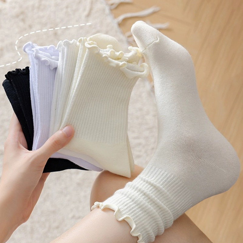 Calcetines con volantes para mujer, 3 par/lote, tubo medio hasta el tobillo, Calcetines blancos y negros transpirables, Calcetines femeninos para primavera y otoño
