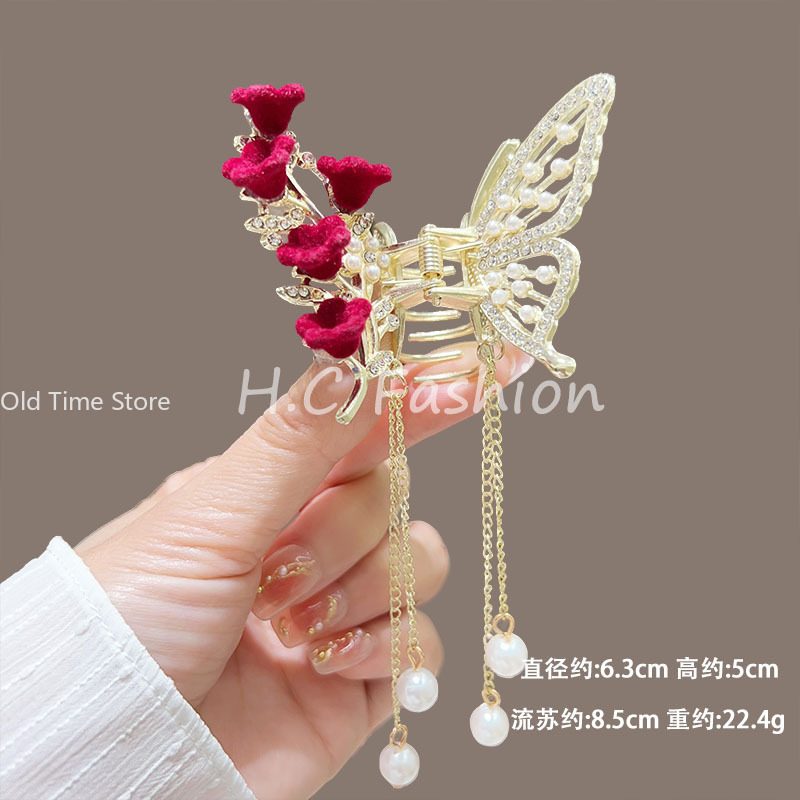 Pinza para el pelo con borlas de mariposa y perlas, horquilla para Festival de flores rojas para niñas, pinzas para el pelo con cola de caballo, accesorios de para mujeres y cangrejos,: Negro