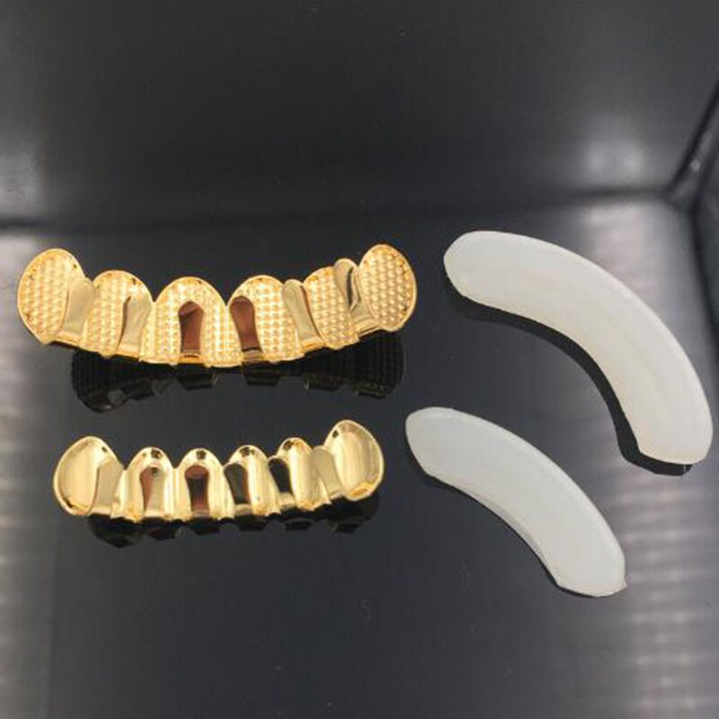 Hip hop masculino 6 topo & inferior ouro cor prata falso metal dentes grillz conjunto colisão treliça grades dentárias para o corpo feminino jóias