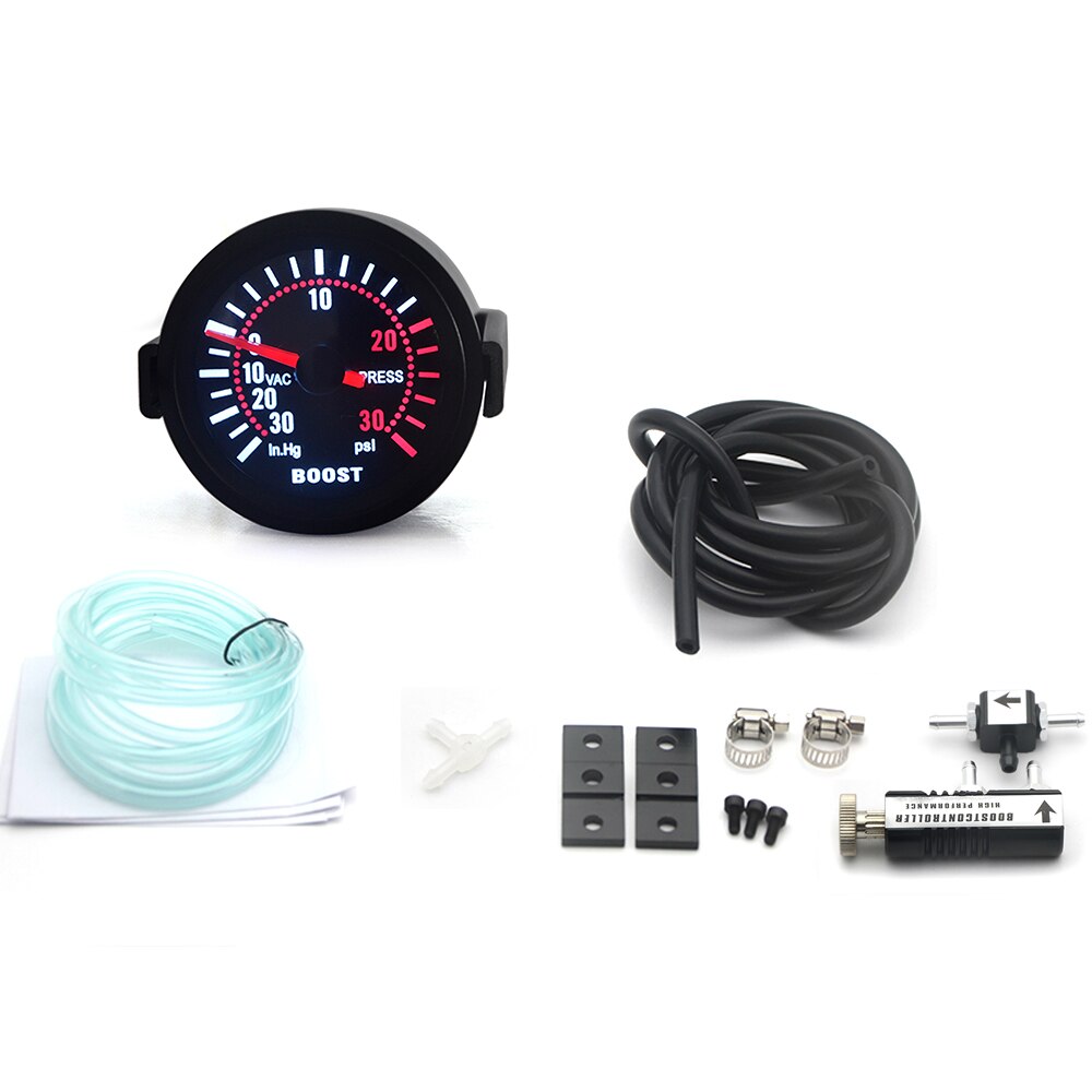 2 "52mm Turbo Boost Gauge 1-30 PSI Car Smoke Len With Adjustable Auto Turbo Boost Controller Kit: With black Control