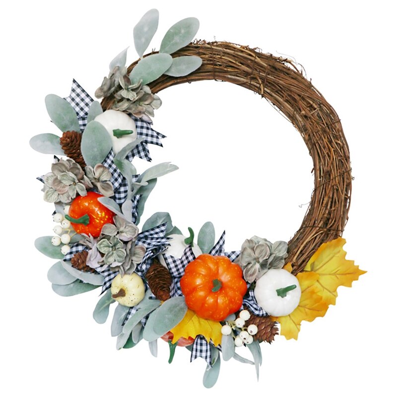 Artificial Fall Wreath, Autumn Wreath with Leaves Pumpkin Pine Cone and Berries, for Front Door Thanksgiving Decoration