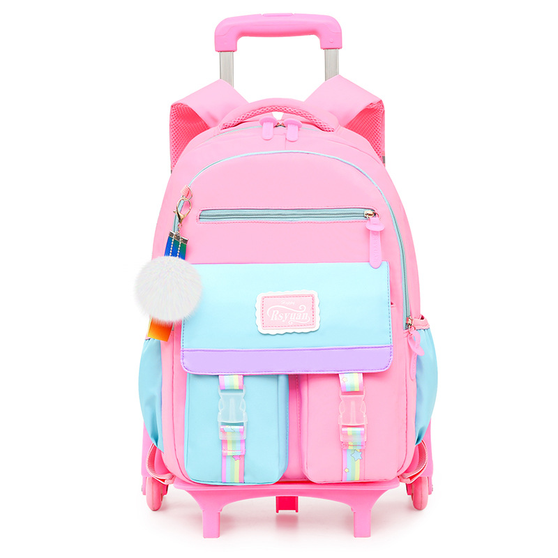 Orthopädischer schulranzen für freundlicher mit rollen, wasserdichter Rucksack für grundschüler, reiserucksack für Teenager-mädchen, Wagen-schulranzen: Rosa blau