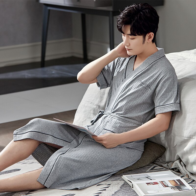 Bata de baño de algodón de talla grande para hombre, ropa de dormir de manga corta con cuello en V, cárdigan, informal, suave, para verano, L-4XL
