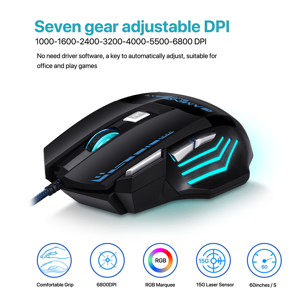 PINZHENG Wired Gaming Mouse 7200 DPI 7 Buttons Optical Mice With LED Backlight Ergonomic For Overwatch Game Laptop Computer